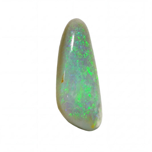 A polished white opal gemstone with vibrant green, blue, and purple flashes, shown on a plain white background.