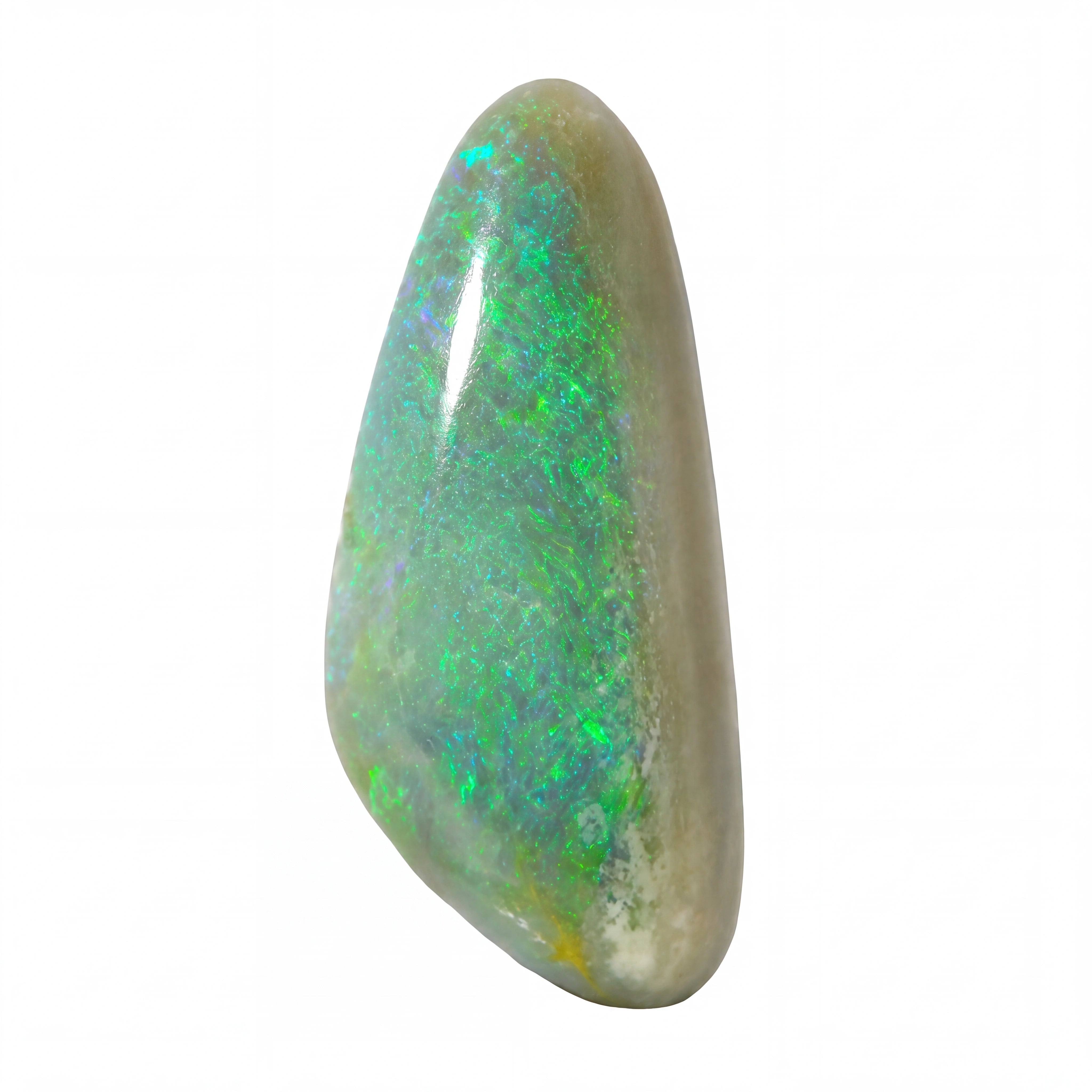 A polished natural opal gemstone with vibrant green, blue, and orange flashes on a beige base, set against a plain white background.