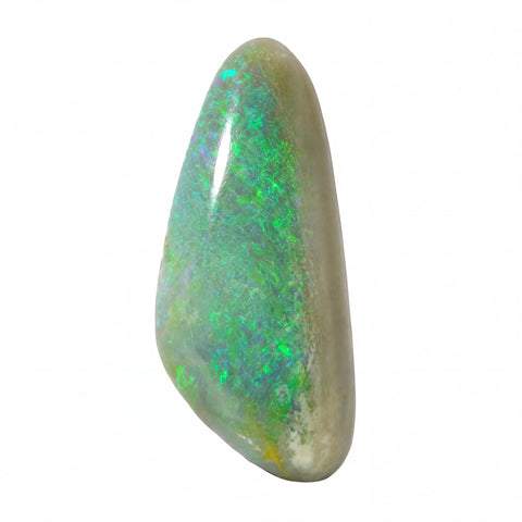A polished natural opal gemstone with vibrant green, blue, and orange flashes on a beige base, set against a plain white background.