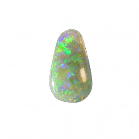 A teardrop-shaped cabochon opal gemstone displaying vibrant flashes of green, blue, and orange on a white background.