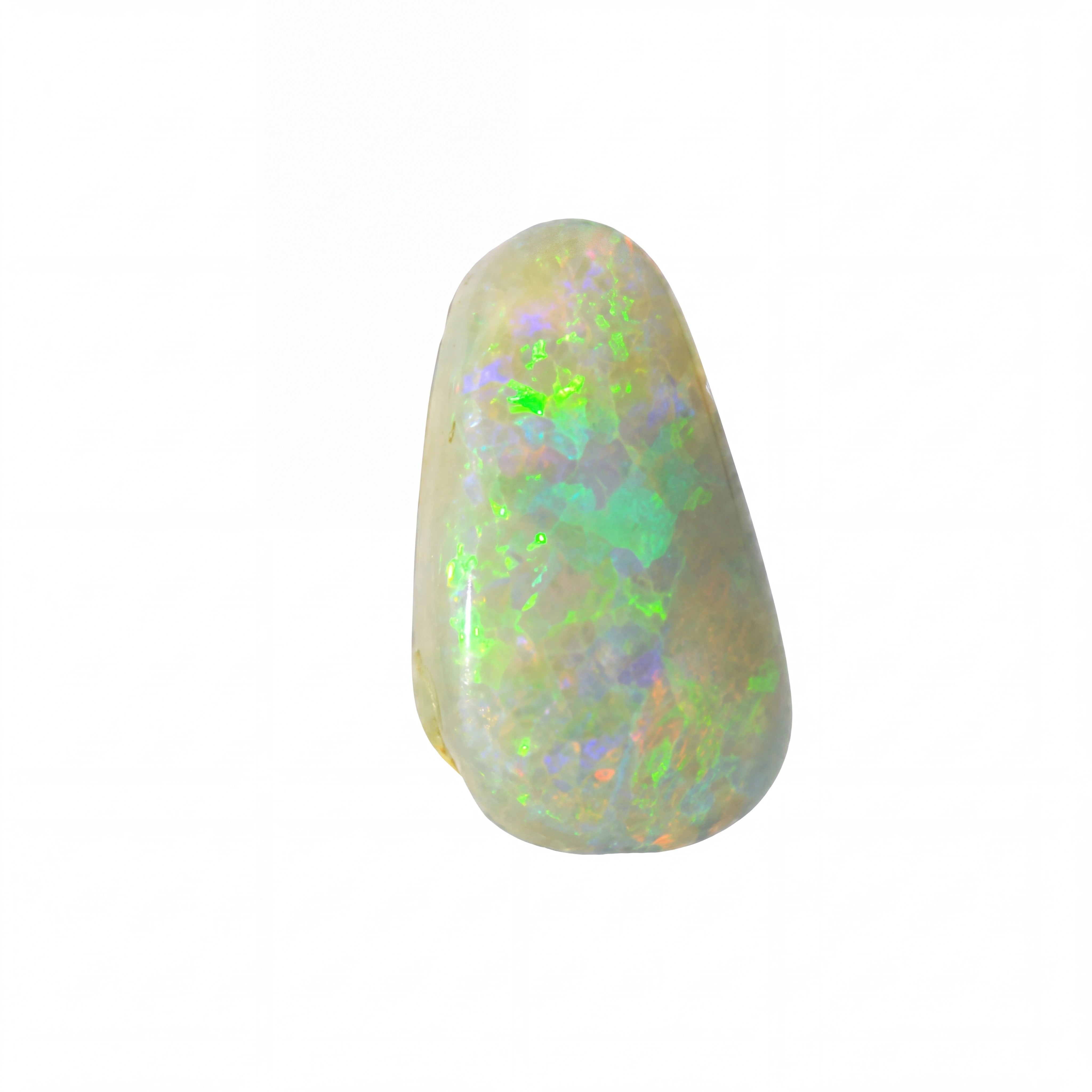 A polished teardrop-shaped opal gemstone showing vibrant flashes of green, blue, and orange iridescence against a pale cream base, isolated on a solid white background.