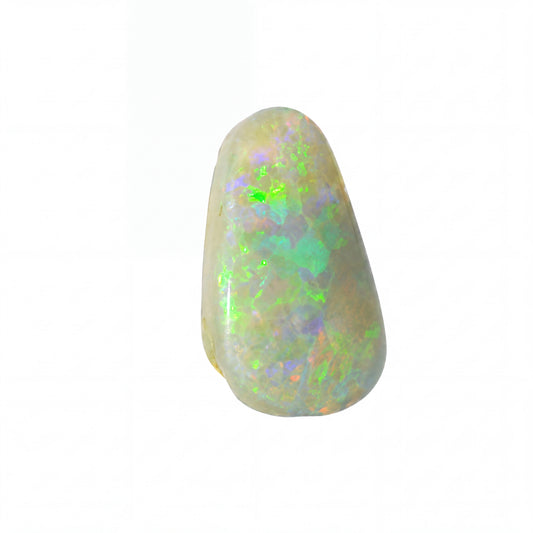 A polished teardrop-shaped opal gemstone showing vibrant flashes of green, blue, and orange iridescence against a pale cream base, isolated on a solid white background.