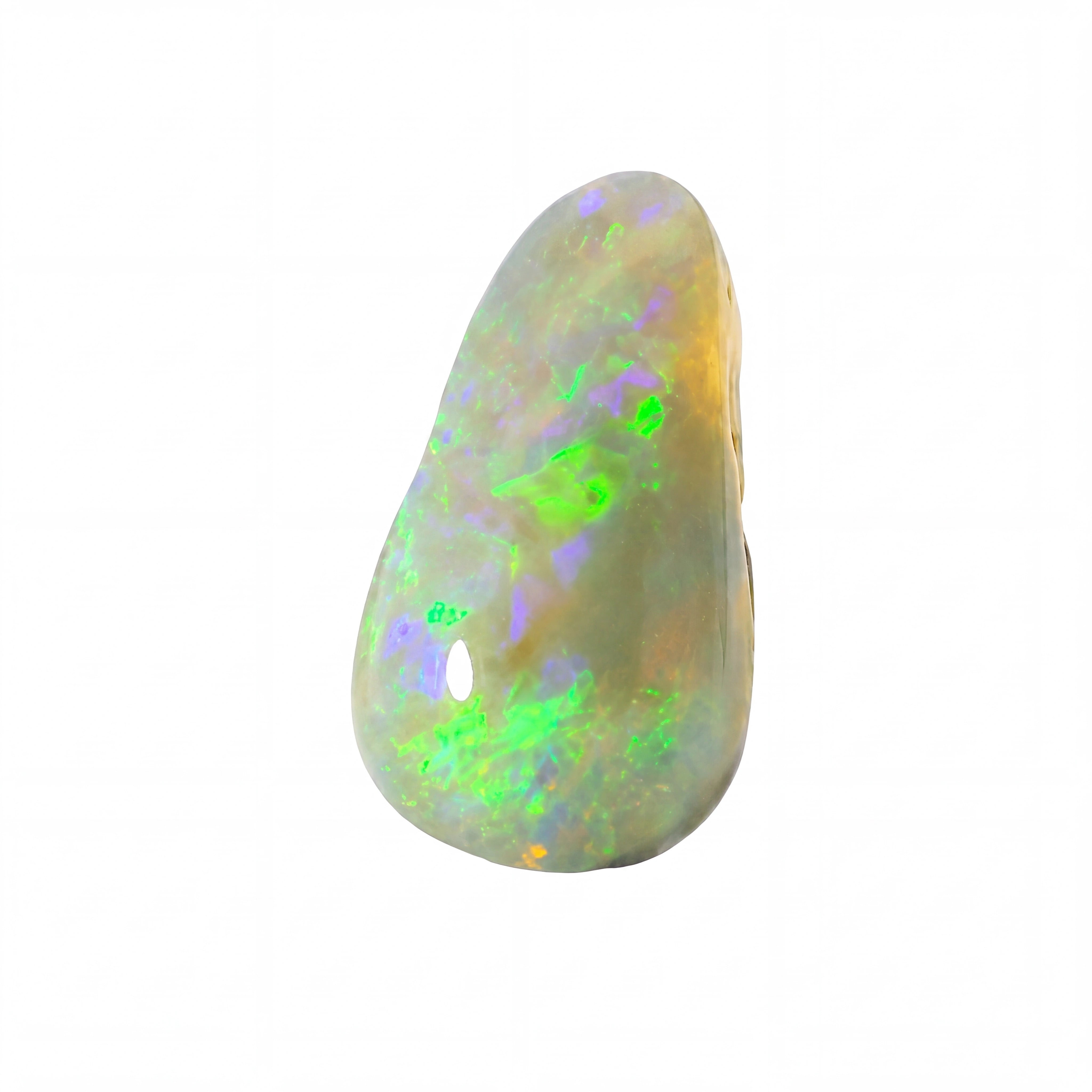 A polished natural opal gemstone with a teardrop shape, displaying a mix of white, grey, green, and purple iridescent flashes on a solid white background.