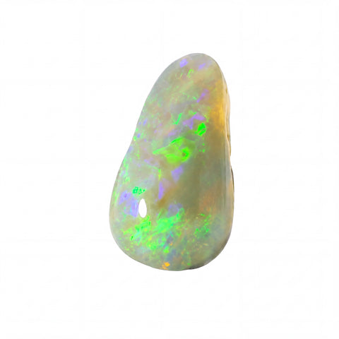 A polished natural opal gemstone with a teardrop shape, displaying a mix of white, grey, green, and purple iridescent flashes on a solid white background.