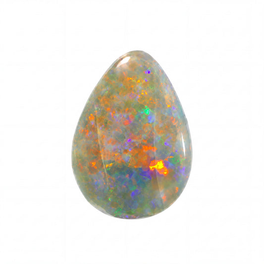 A teardrop-shaped cabochon opal gemstone displaying a vibrant play-of-colour with orange, green, blue, purple, and white flashes on a solid white background.