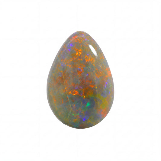 A teardrop-shaped cabochon opal gemstone displaying a vibrant play-of-colour with orange, green, blue, and purple flashes on a neutral grey base, isolated on a white background.
