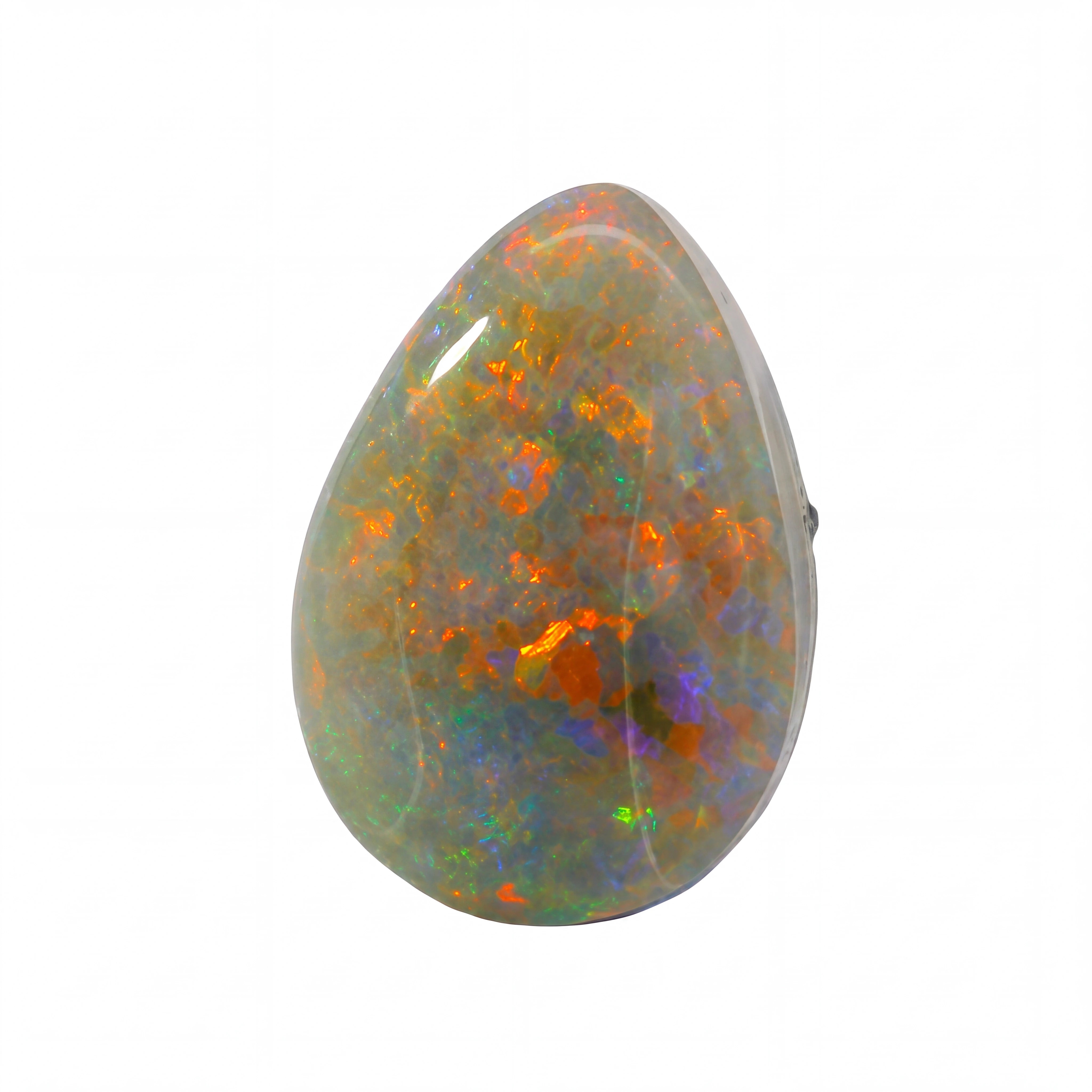 A teardrop-shaped cabochon opal gemstone displaying vibrant flashes of orange, green, blue, and purple on a white background.