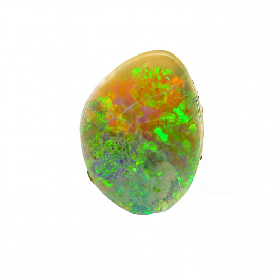A polished oval opal gemstone displaying vibrant iridescent flashes of green, orange, yellow, and blue over a warm golden-brown base, set against a plain white background.