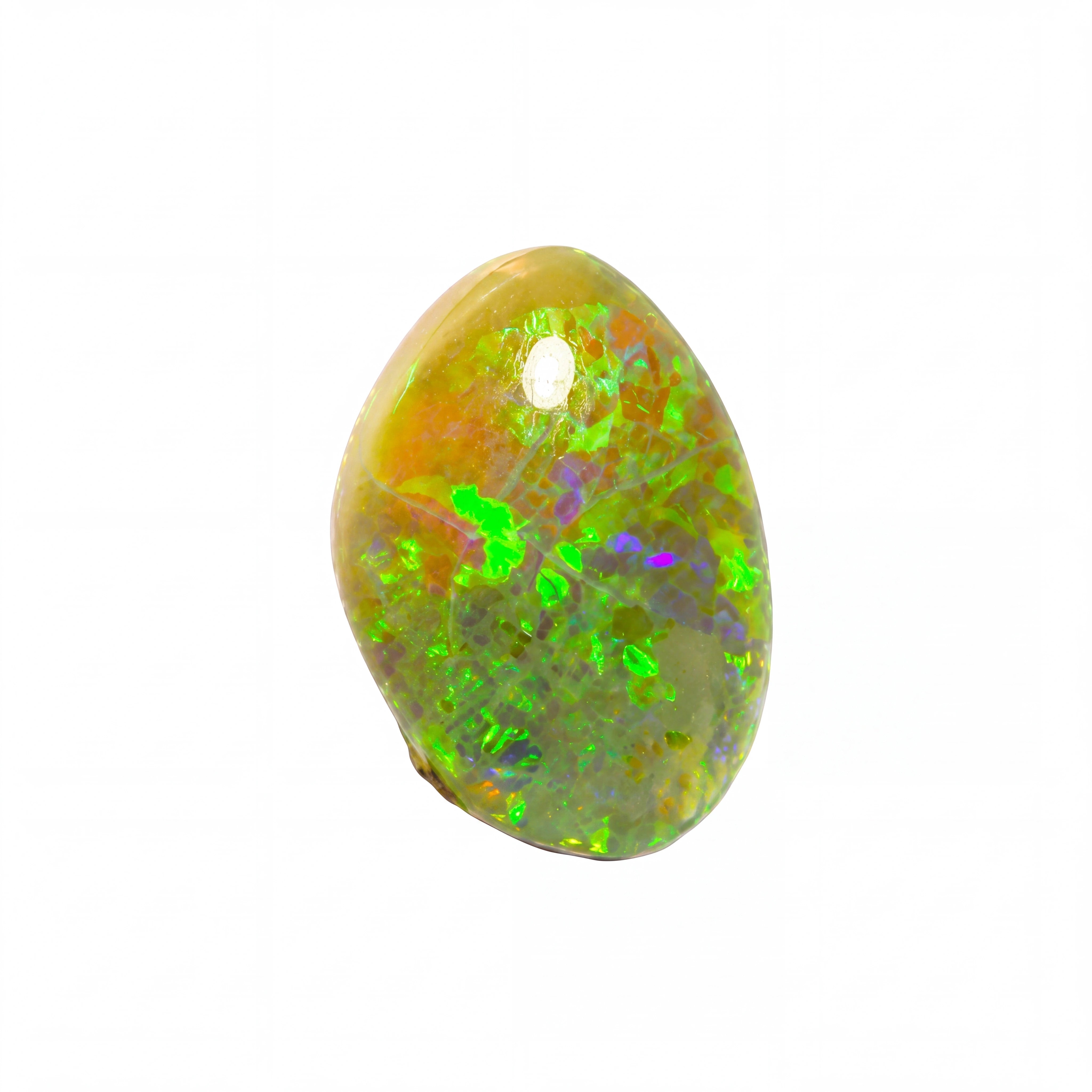 A polished teardrop-shaped opal gemstone displaying vibrant flashes of green, orange, and purple iridescence on a warm yellowish-brown base, isolated on a white background.