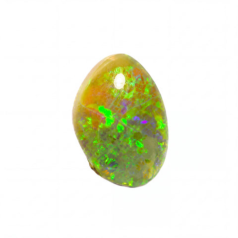 A polished teardrop-shaped opal gemstone displaying vibrant flashes of green, orange, and purple iridescence on a warm yellowish-brown base, isolated on a white background.