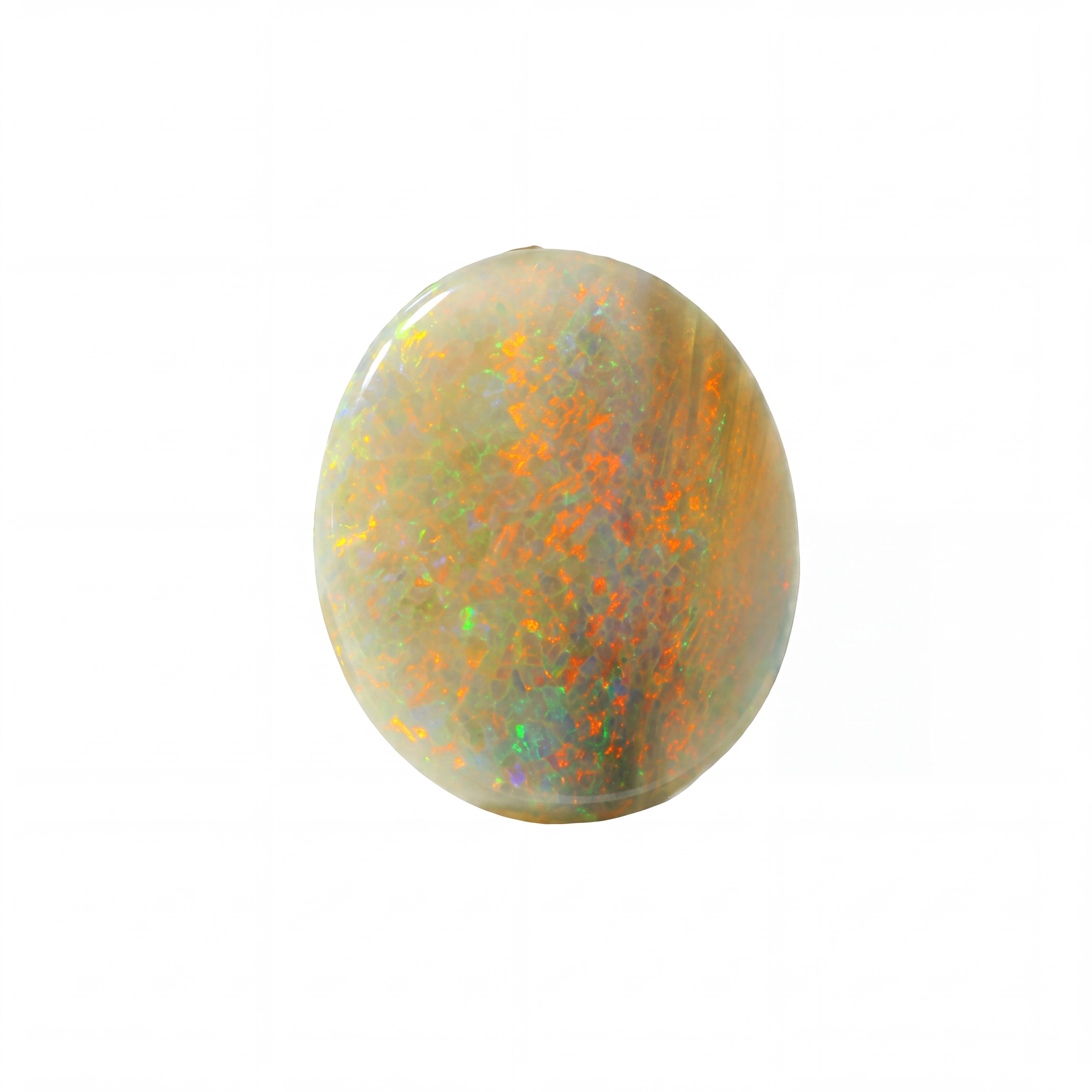 A polished oval cabochon gemstone with a milky white base and vibrant iridescent flashes of orange, yellow, green, and blue, isolated on a solid white background.