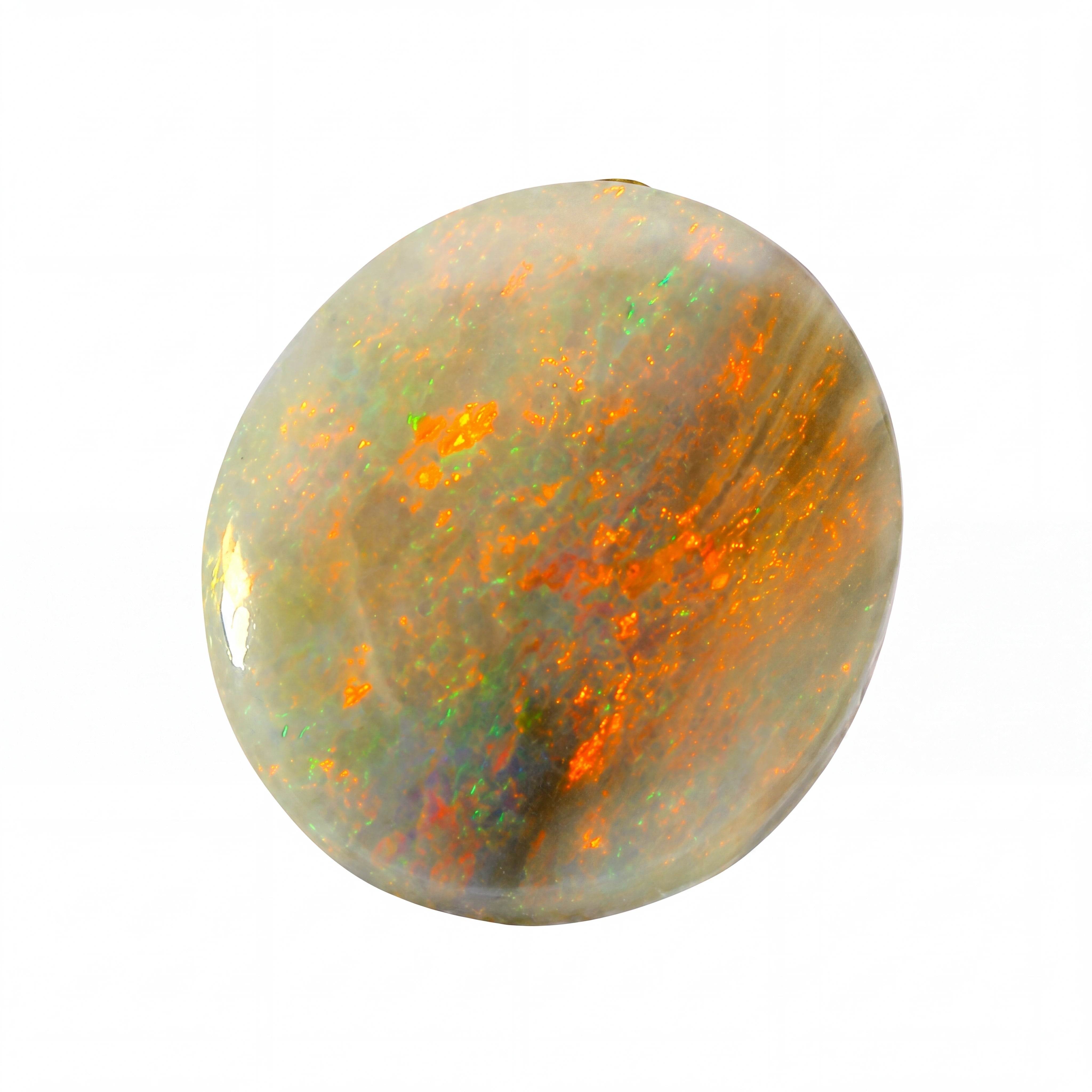 A polished oval cabochon opal gemstone displaying vibrant orange, green, and grey flashes against a white background.