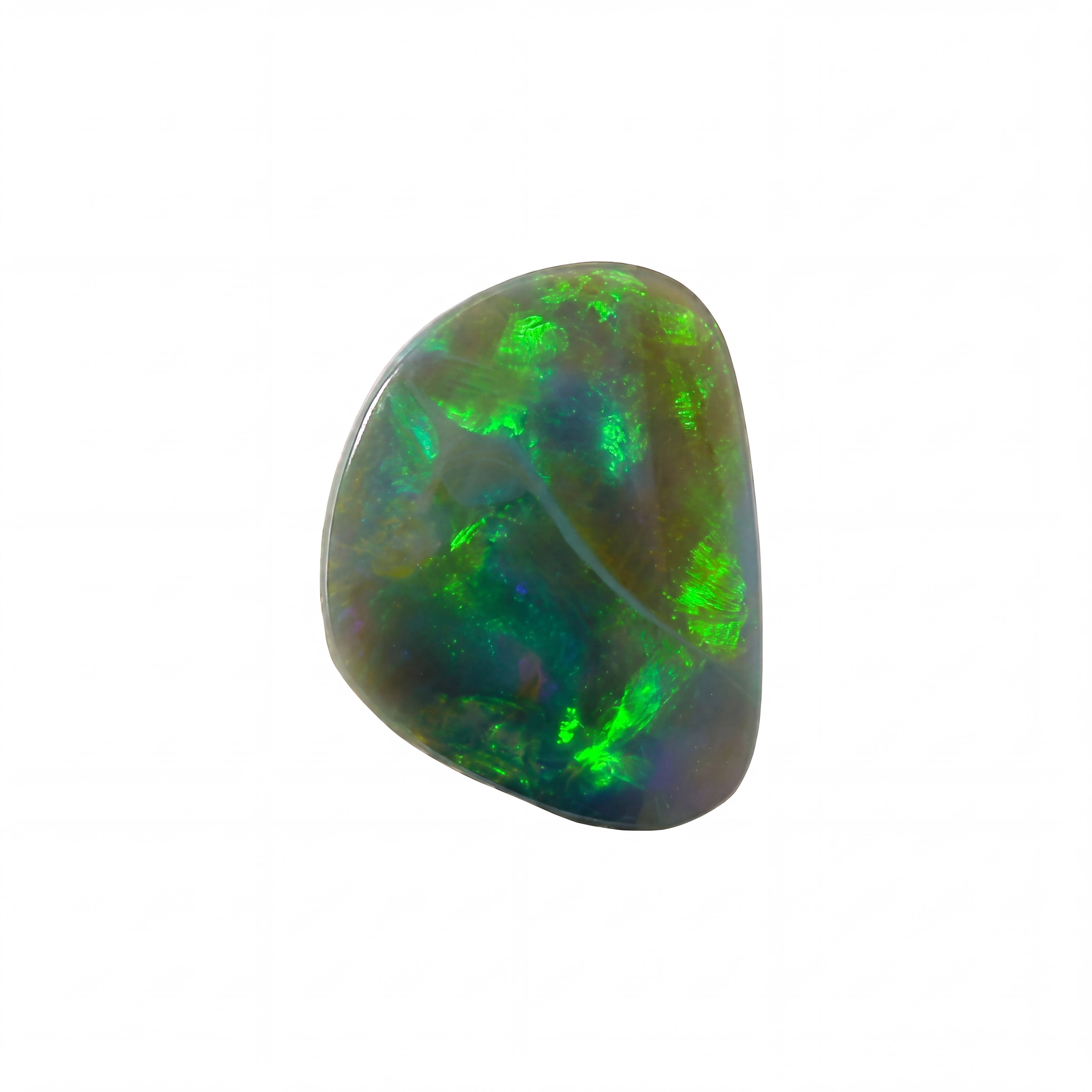 A polished tumbled opal gemstone with vibrant green, blue, and brown iridescent play-of-colour, isolated on a solid white background.