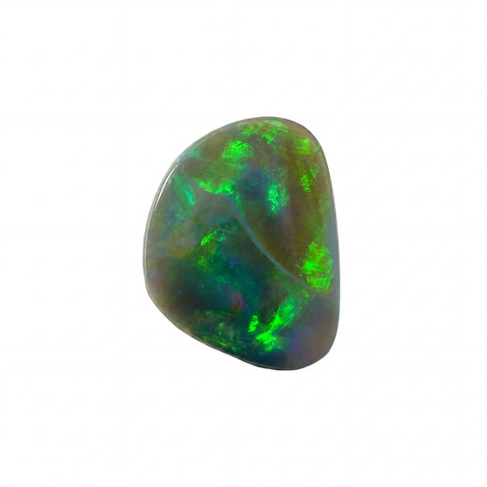 A polished tumbled opal gemstone with vibrant green, blue, and brown iridescent play-of-colour, isolated on a solid white background.