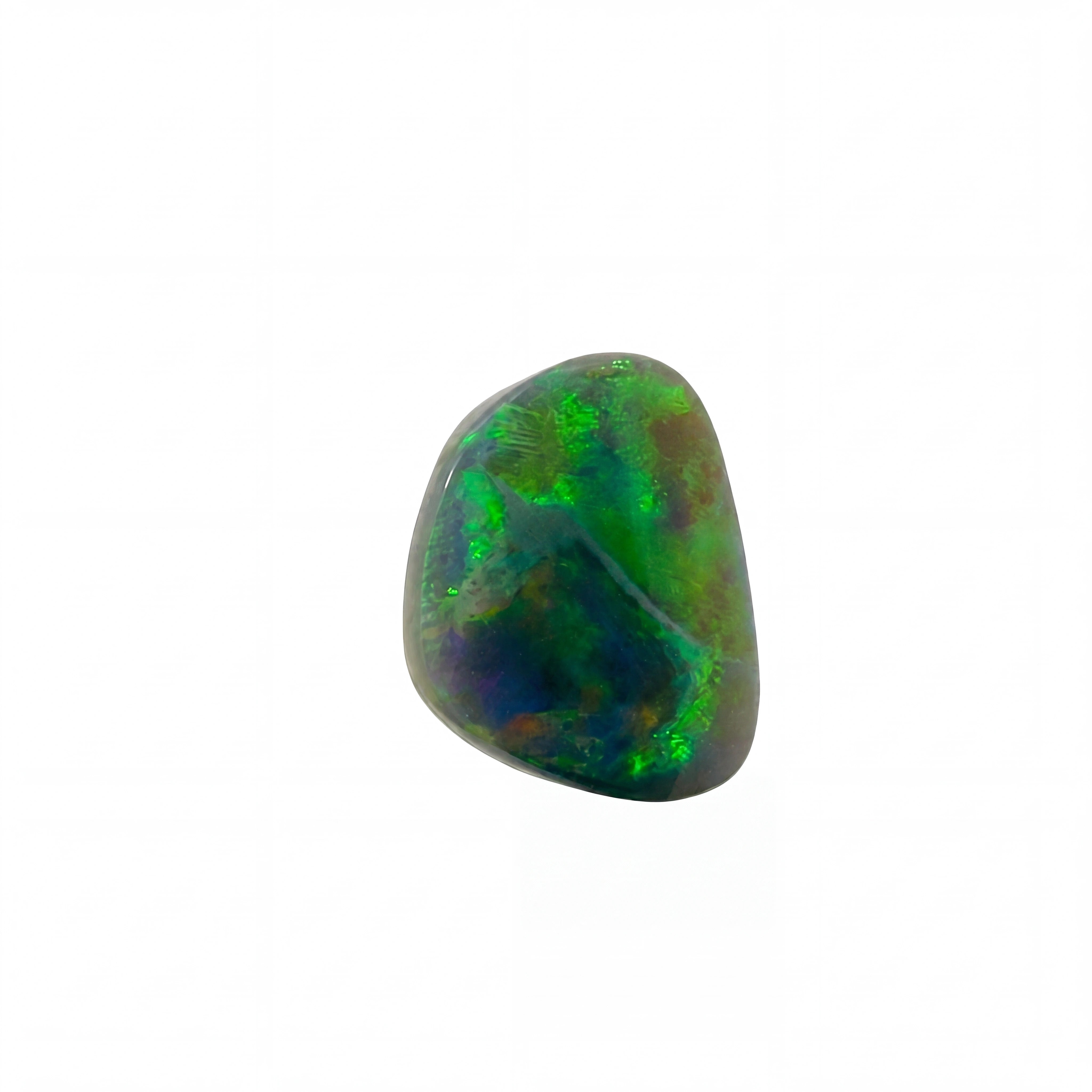 A polished tumbled opal gemstone displaying vibrant green, blue, and orange iridescent play-of-colour, centered on a plain white background.