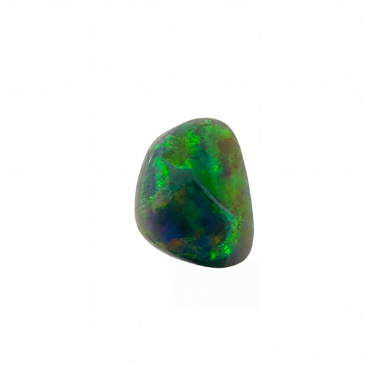 A polished tumbled opal gemstone displaying vibrant green, blue, and orange iridescent play-of-colour, centered on a plain white background.