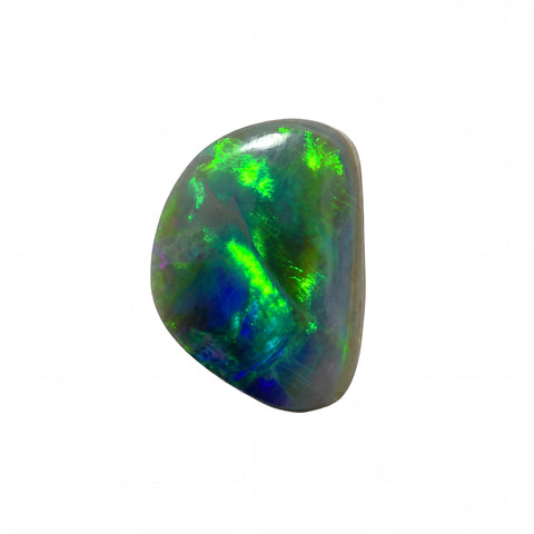 A polished tumbled opal gemstone displaying vibrant iridescent flashes of green, blue, and purple on a neutral grey base, isolated on a solid white background.