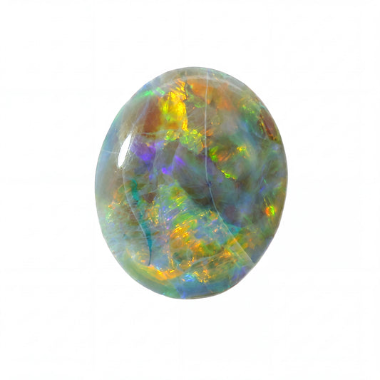 A polished oval cabochon gemstone with a vibrant play-of-colour pattern featuring blue, green, orange, yellow, and purple iridescence on a white background.