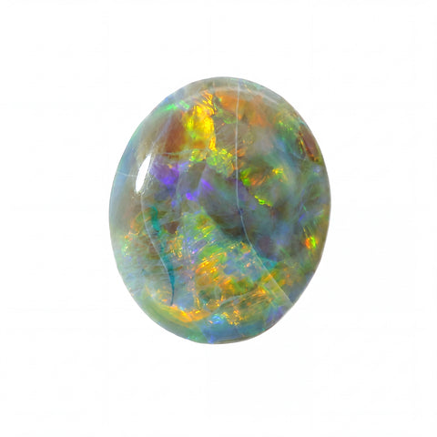 A polished oval cabochon gemstone with a vibrant play-of-colour pattern featuring blue, green, orange, yellow, and purple iridescence on a white background.