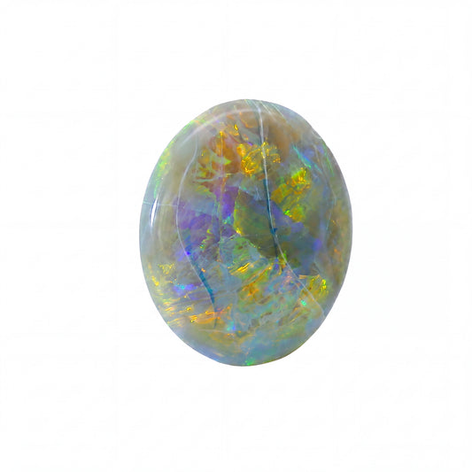 A polished oval cabochon gemstone featuring a vibrant play-of-colour pattern with gold, green, blue, purple, and orange hues on a white background.
