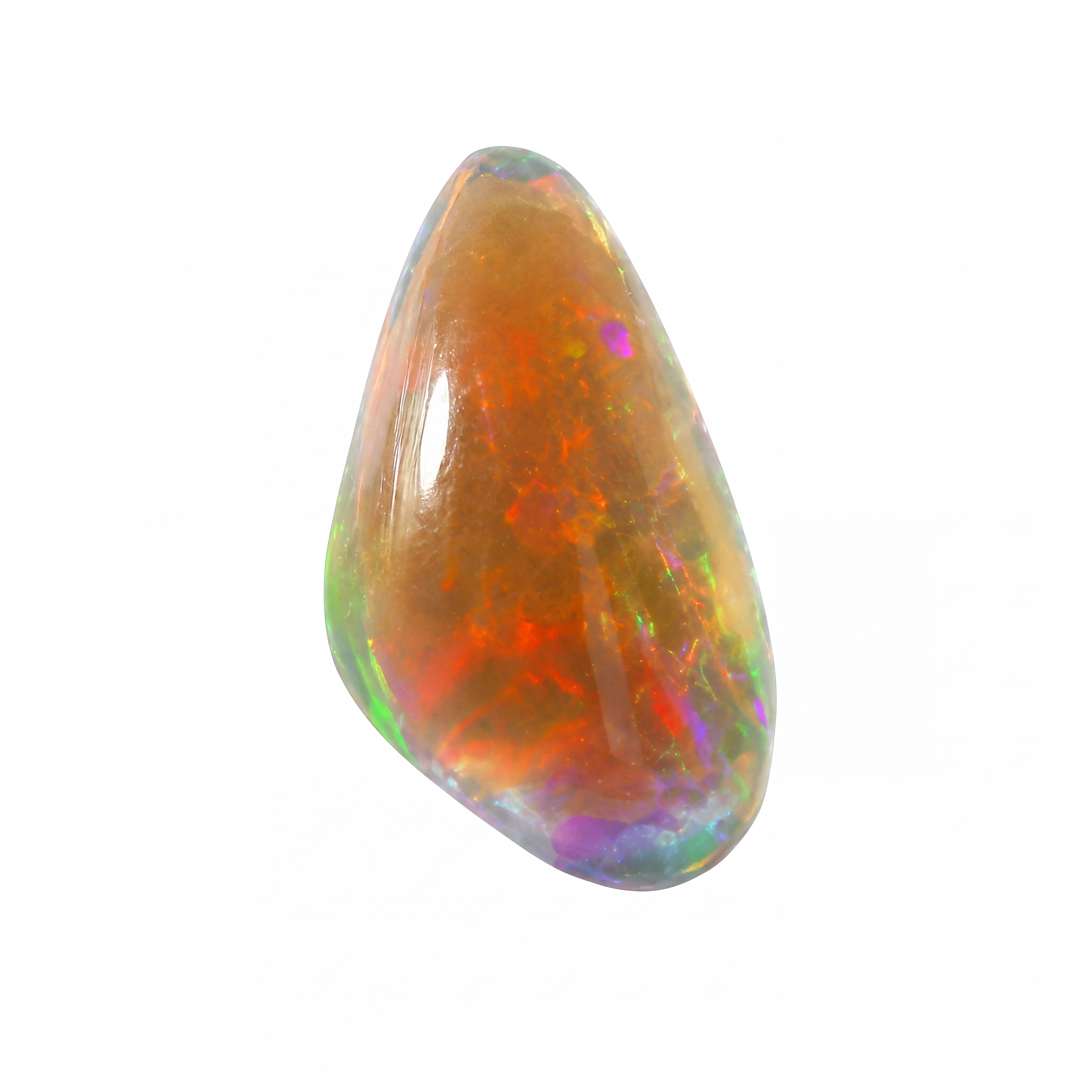 A polished tumbled opal gemstone with a teardrop shape, displaying a rich mix of orange, red, green, blue, and purple iridescent colours on a solid white background.
