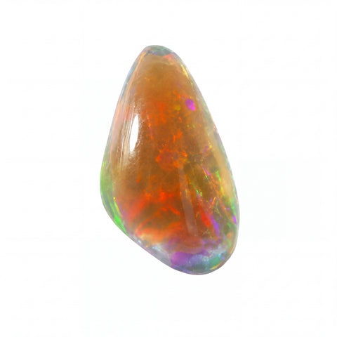 A polished tumbled opal gemstone with a teardrop shape, displaying a rich mix of orange, red, green, blue, and purple iridescent colours on a solid white background.