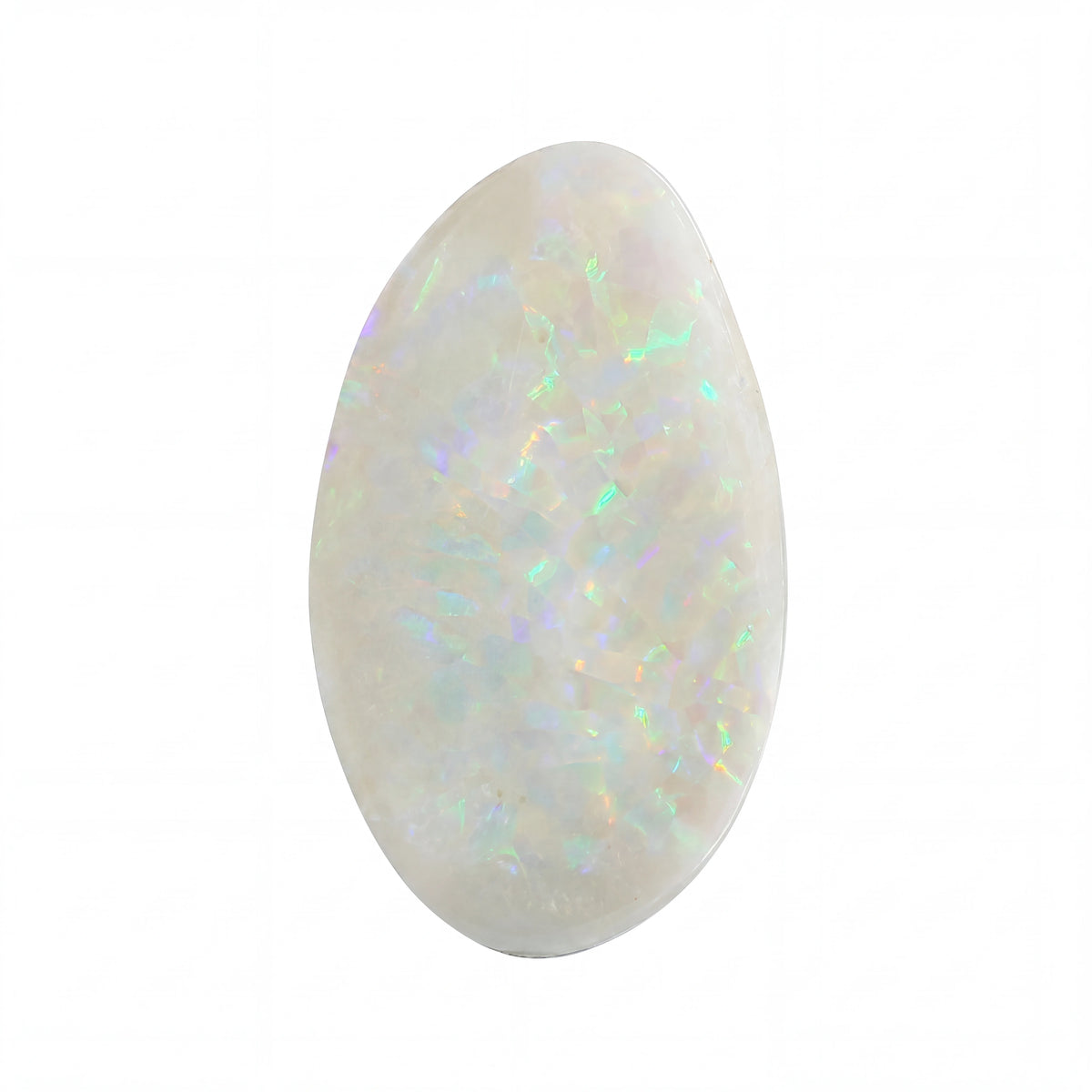 A polished teardrop-shaped white opal gemstone with vibrant iridescent flashes of green, blue, and pink, isolated on a solid white background.