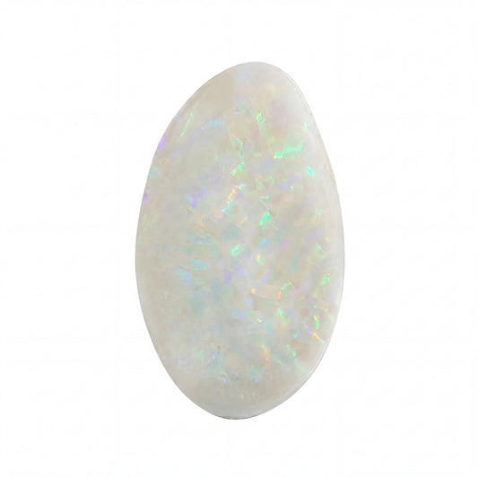 A polished teardrop-shaped white opal gemstone with vibrant iridescent flashes of green, blue, and pink, isolated on a solid white background.
