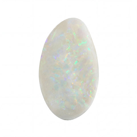 A polished teardrop-shaped white opal gemstone with vibrant iridescent flashes of green, blue, and pink, isolated on a solid white background.