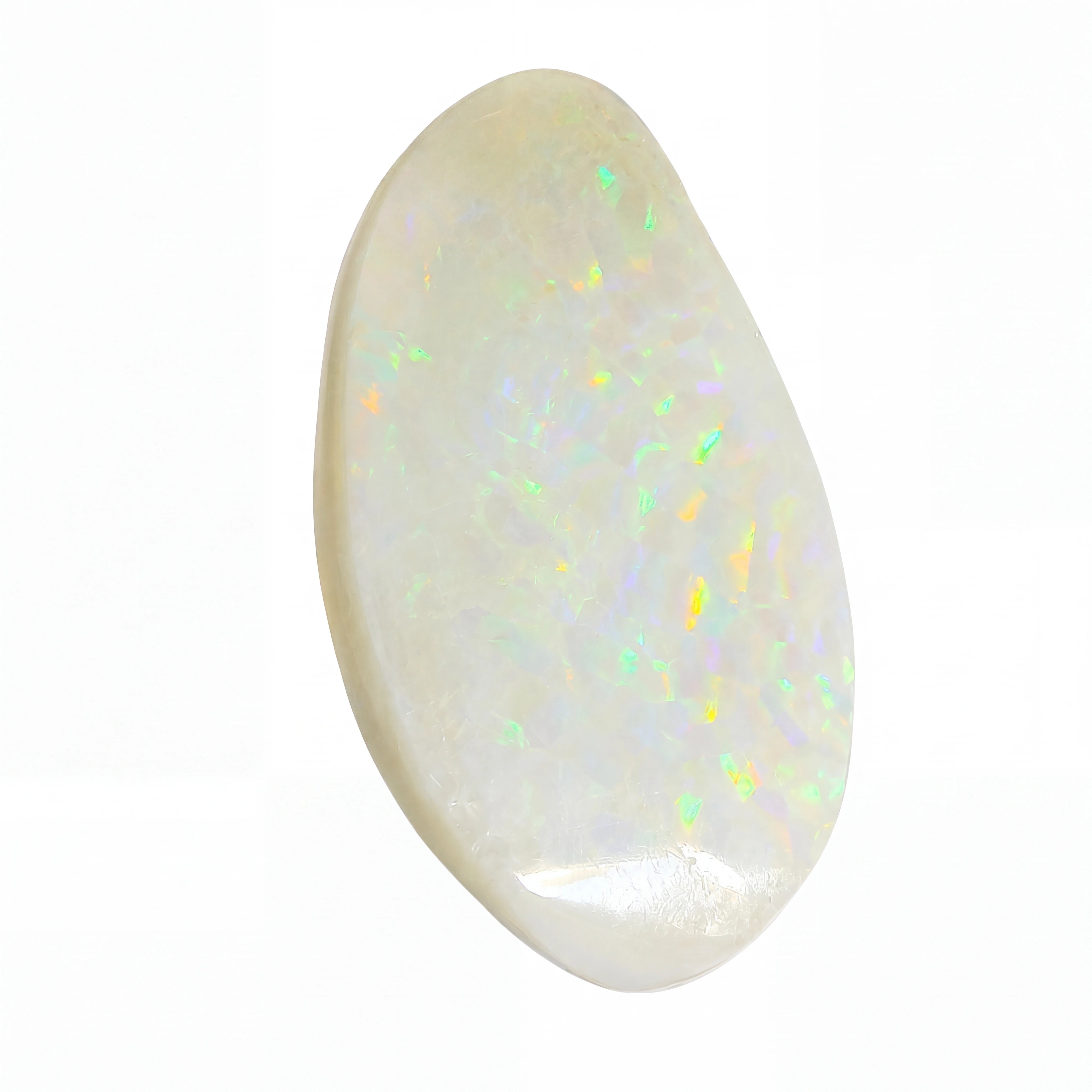 A polished teardrop-shaped white opal gemstone with vibrant, shifting iridescent flashes of green, yellow, and orange, set against a plain white background.