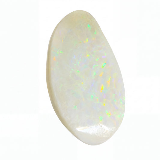 A polished teardrop-shaped white opal gemstone with vibrant, shifting iridescent flashes of green, yellow, and orange, set against a plain white background.