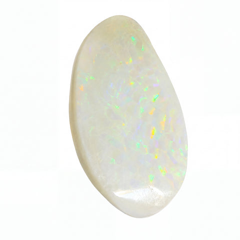 A polished teardrop-shaped white opal gemstone with vibrant, shifting iridescent flashes of green, yellow, and orange, set against a plain white background.
