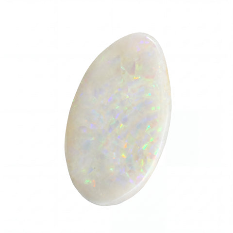 A polished oval cabochon gemstone with a milky white base and iridescent flashes of pastel rainbow colors, shown on a plain white background.