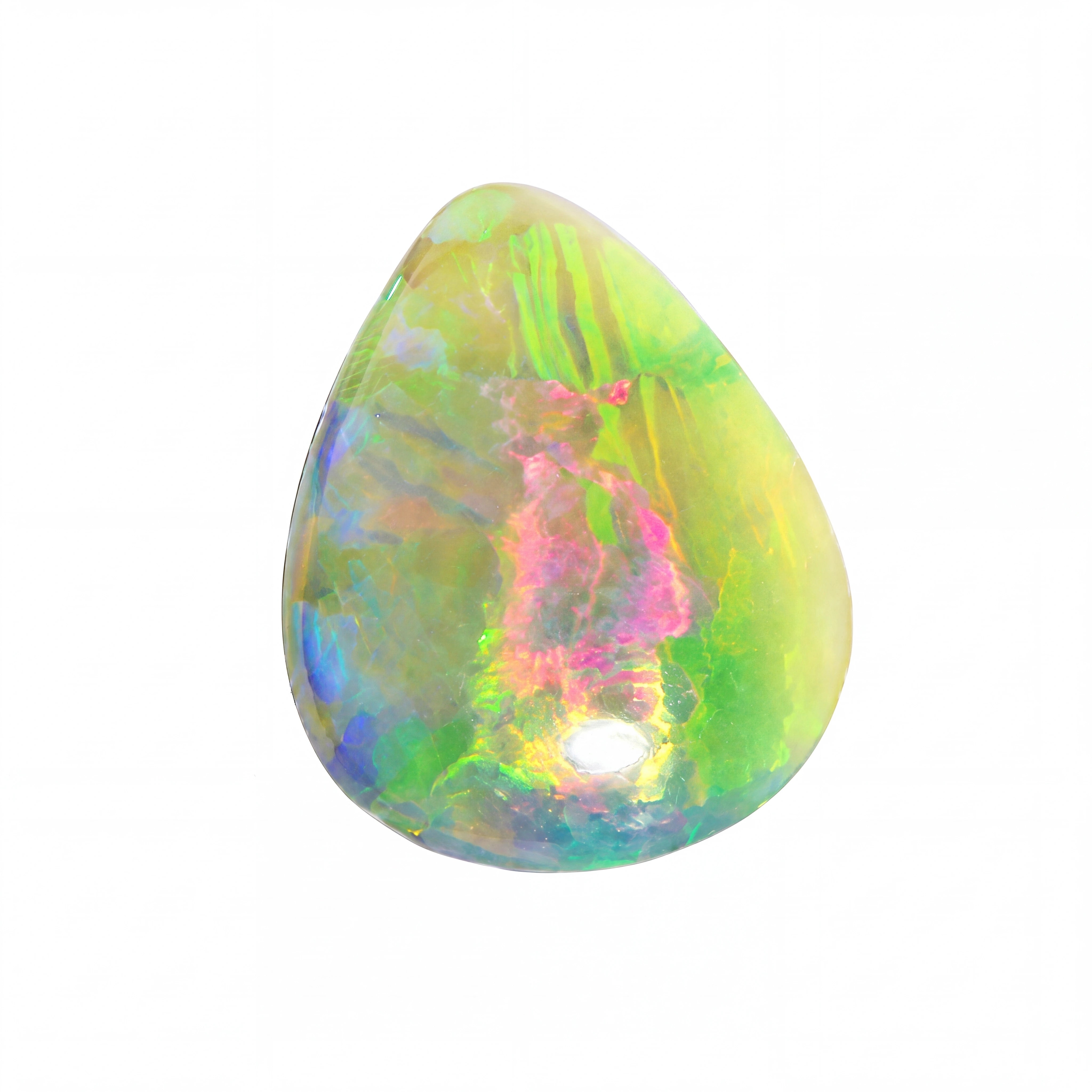 A teardrop-shaped loose opal gemstone displaying a vibrant play-of-colour with green, yellow, pink, blue, and orange iridescence on a solid white background.