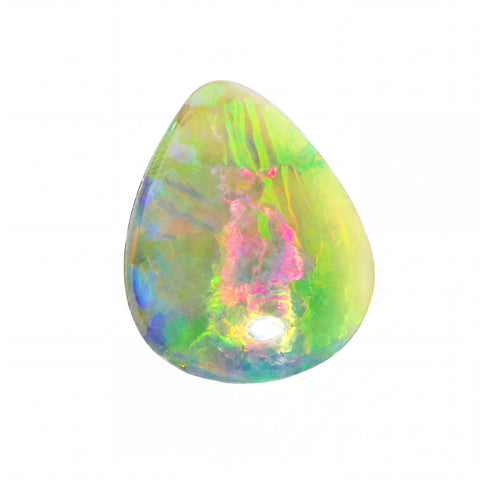 A teardrop-shaped loose opal gemstone displaying a vibrant play-of-colour with green, yellow, pink, blue, and orange iridescence on a solid white background.