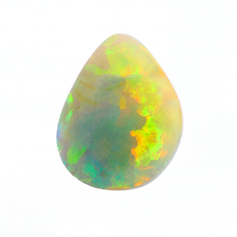 A teardrop-shaped cabochon opal gemstone displaying a vibrant play-of-colour with green, yellow, orange, and blue hues on a solid white background.