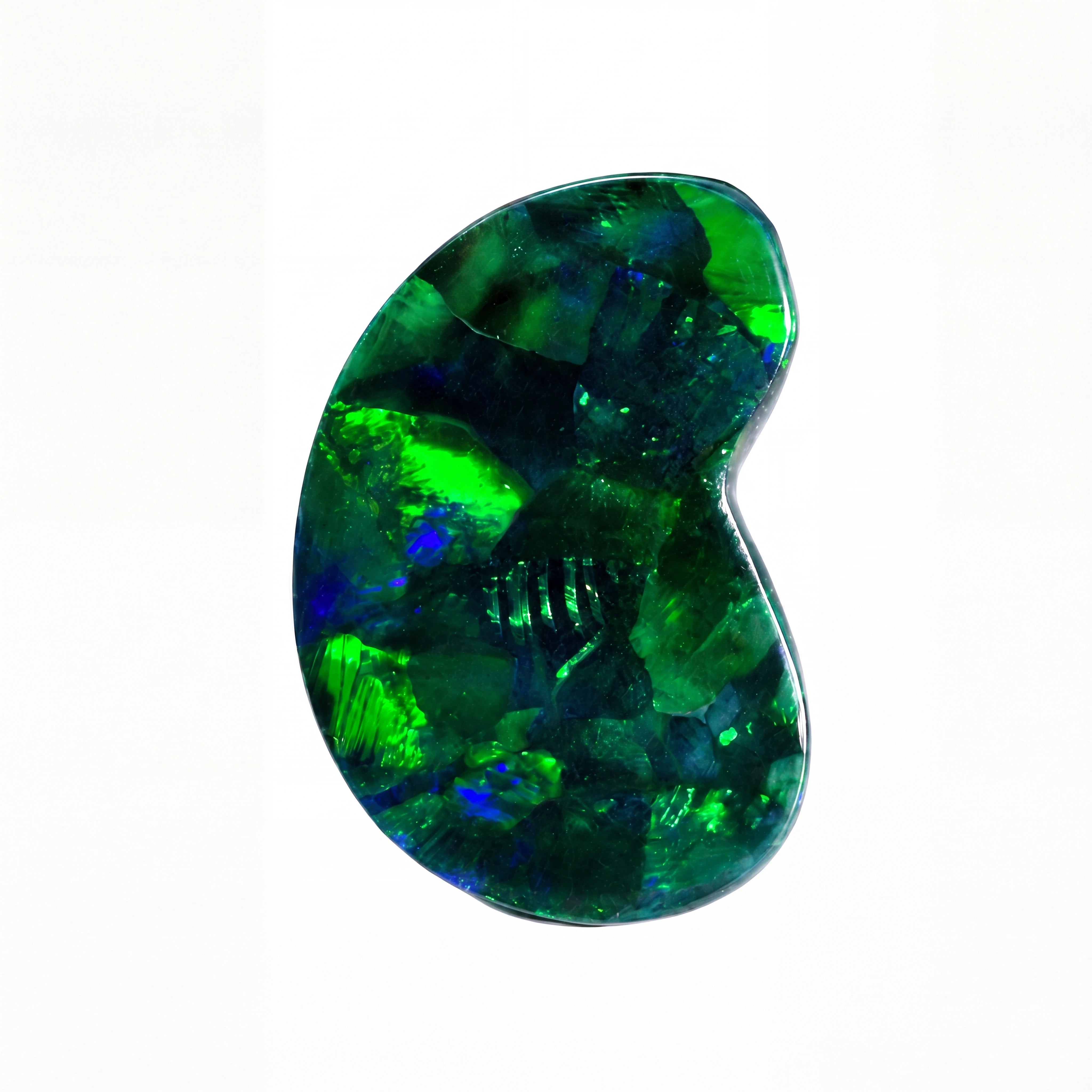 A polished organic-shaped opal gemstone with vibrant green, blue, and black flashes, displayed on a clean white background.