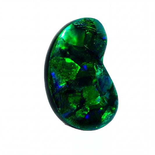 A polished, kidney-shaped green opal gemstone with vibrant blue and purple flashes, set against a plain white background.