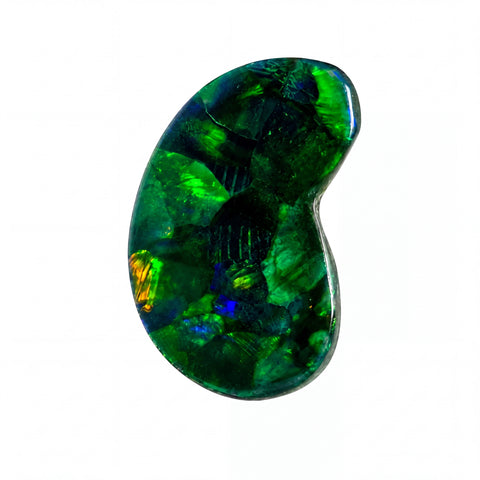 A polished natural opal cabochon with vibrant green, blue, and orange flashes, set against a solid white background.