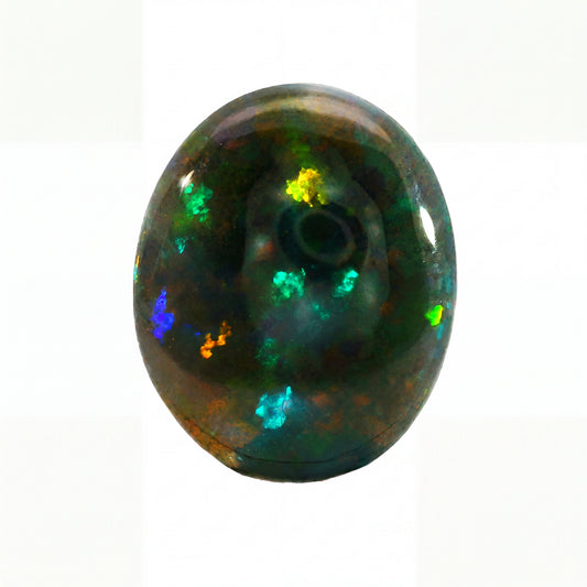 A polished oval cabochon gemstone featuring a dark base with vibrant, shifting flashes of green, blue, orange, and yellow, set against a plain white background.