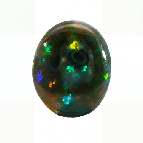 A polished oval cabochon gemstone featuring a dark base with vibrant, shifting flashes of green, blue, orange, and yellow, set against a plain white background.