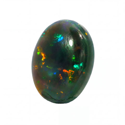 A polished oval opal gemstone displaying a dark green and black base with vibrant flashes of blue, green, orange, and yellow, isolated on a white background.