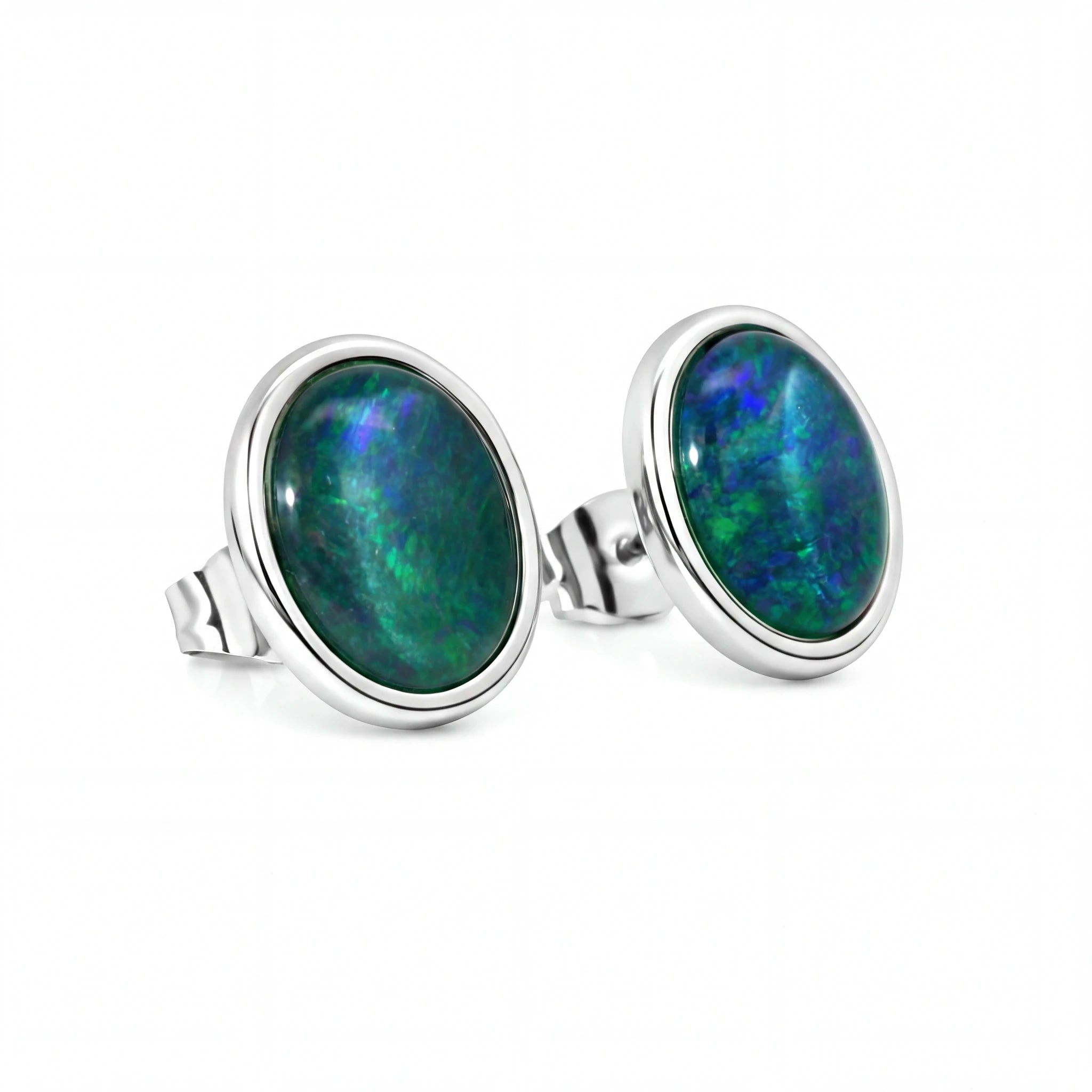 Opal Triplet Earrings in Stainless Steel - Green and Blue - Australian Opal Cutters and Pearl Divers