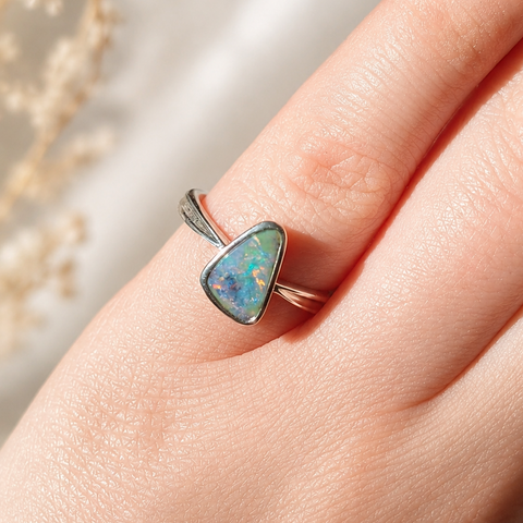 Boulder Opal Ring set in 925 Sterling Silver - Multicolour