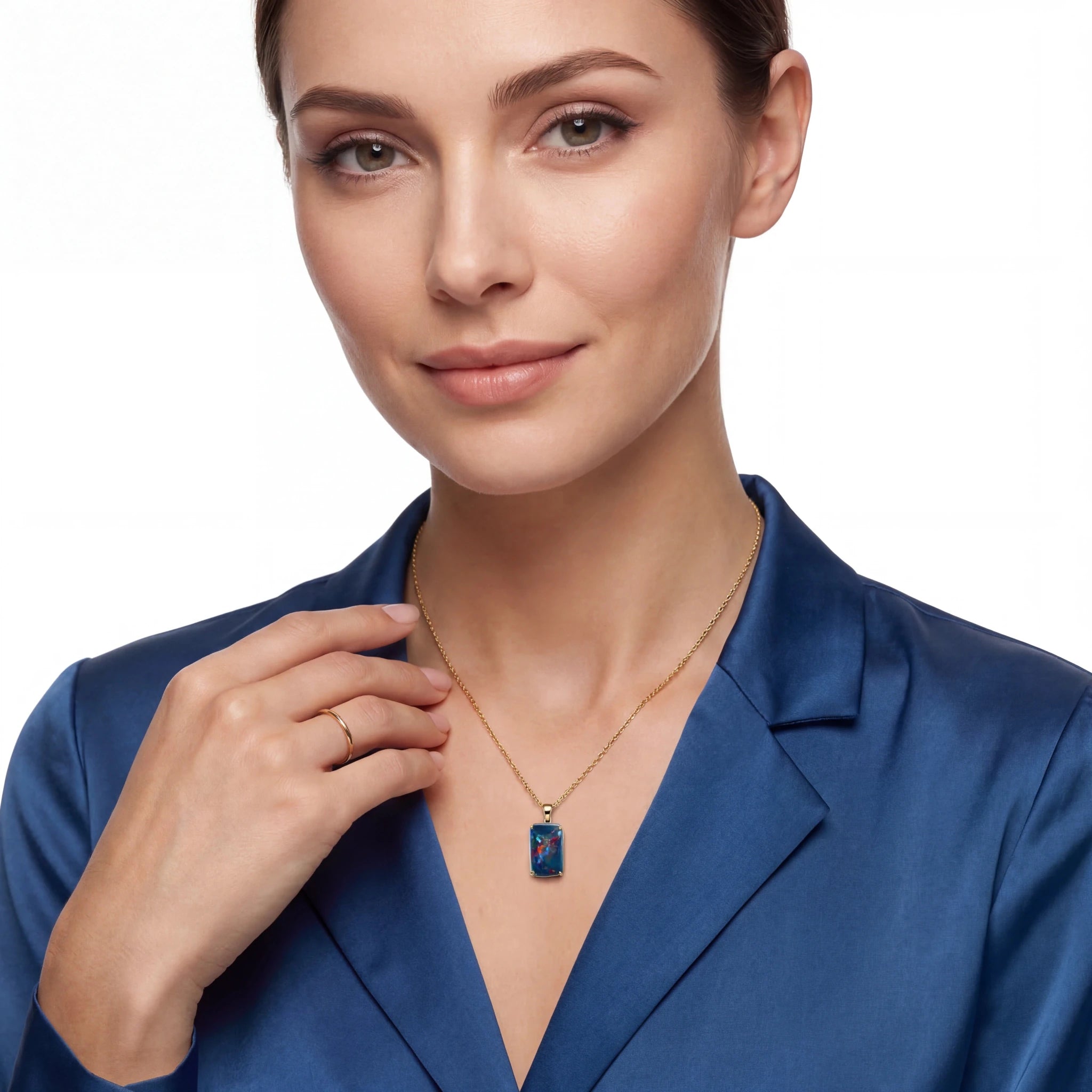 Woman wearing a blue necklace with a clear background