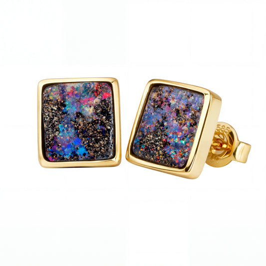Boulder Opal Earrings in 14K Yellow Gold - Multicolour
