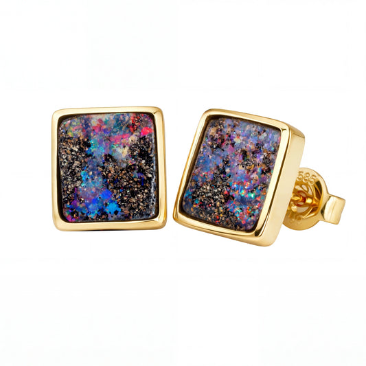 Boulder Opal Earrings in 14K Yellow Gold - Multicolour - Australian Opal Cutters and Pearl Divers