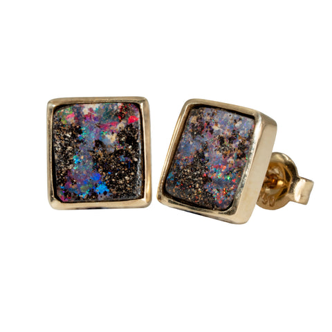 Boulder Opal Earrings in 14K Yellow Gold - Multicolour