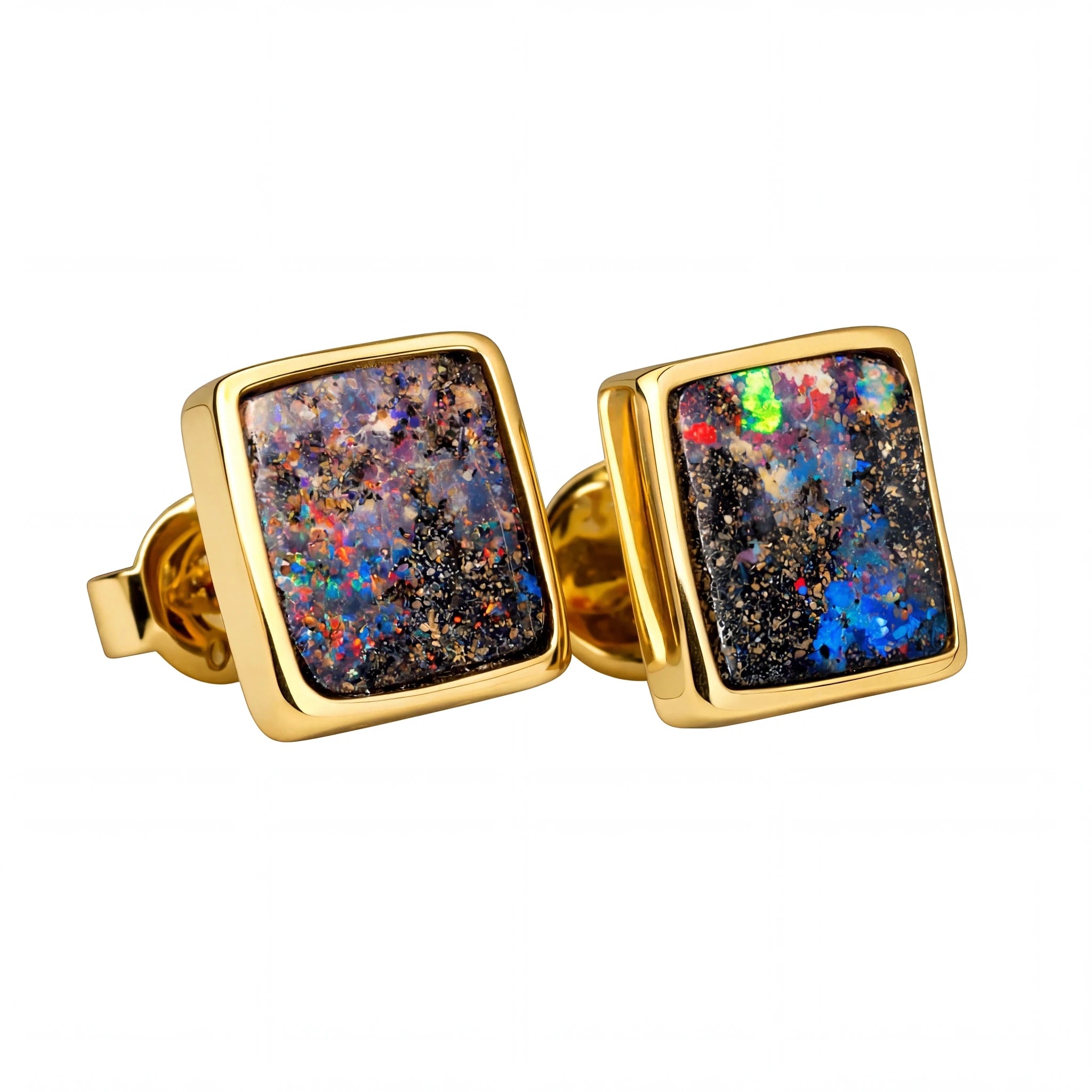 Boulder Opal Earrings in 14K Yellow Gold - Multicolour - Australian Opal Cutters and Pearl Divers