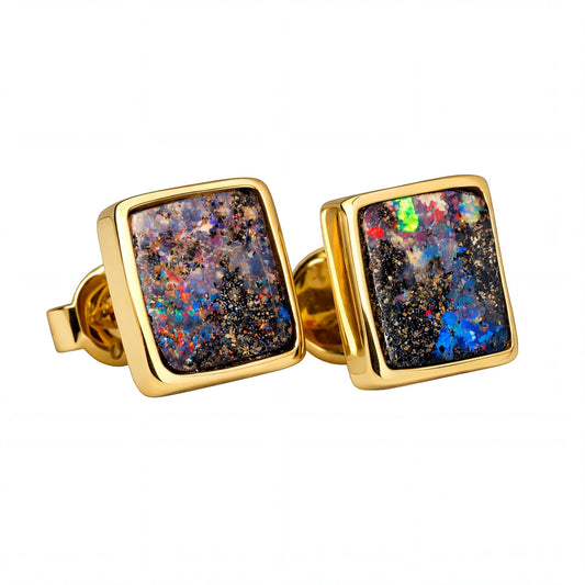 Boulder Opal Earrings in 14K Yellow Gold - Multicolour - Australian Opal Cutters and Pearl Divers